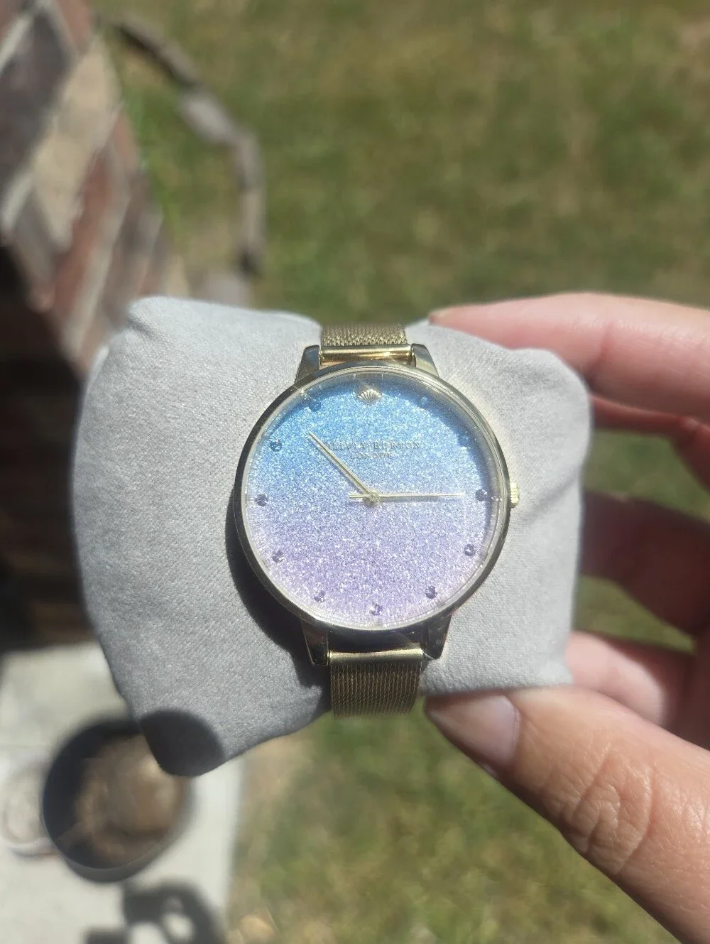 OLIVIA BURTON Gold Mesh Watch with Pink and Blue Glitter Ombre Dial